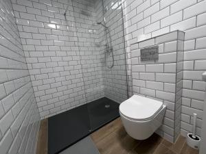 La salle de bains blanche est pourvue d'une douche et de toilettes. dans l'établissement Apartament Pod Jaworami z antresolą, à Jelenia Góra