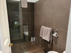 a bathroom with a shower with a toilet and towels at Dalkeith Boutique Bed & Breakfast in Kaiapoi
