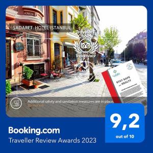 um panfleto para um prémio de avaliação de viagem com uma imagem de uma rua em Sadaret Hotel&Suites Istanbul -Best Group Hotels em Istambul