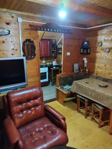 uma sala de estar com um sofá de couro e uma televisão em Kuca u sumi em Bijelo Polje