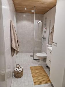een badkamer met een douchecabine en een toilet bij Matruusi - upea yksiö merinäköalalla - käytössäsi 2 maastopyörää in Kalajoki