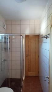 a bathroom with a shower and a wooden door at Casa do Brejão 1 bedroom cottage in Odemira