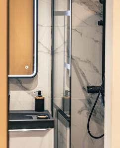 a bathroom with a shower with a sink and a mirror at Appartement climatisé avec garage au cœur du centre ancien in Sainte-Maxime
