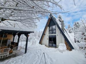 a house covered in snow with snowdrifts around it at Forest A-frame-Porumbacu in Porumbacu de Sus