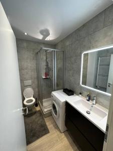 a bathroom with a shower sink and a washing machine at Amazing cosy flat Lux Gare in Luxembourg