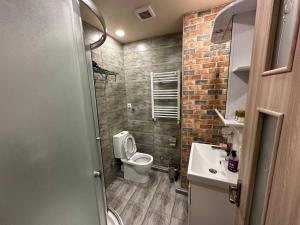 a small bathroom with a toilet and a sink at 5 Rooms near 300 Aragveli metro station in Tbilisi City