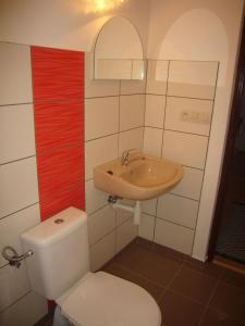 a bathroom with a toilet and a sink at Vínny dom - Rumcajz - Borház in Obid