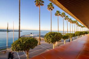 Une rangée de palmiers sur une passerelle à côté de l'océan dans l'établissement MARBELLA BANUS SUITES - Marbella Beach Front Suite Apartment, à Marbella