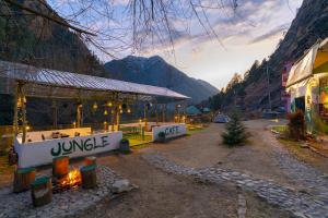 a group of buildings with a mountain in the background at Jungle Hostel by Whoopers in Kasol