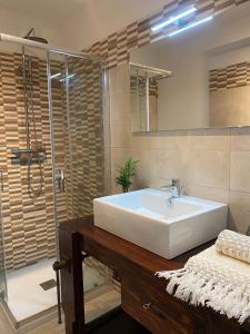 ein Badezimmer mit einem großen weißen Waschbecken und einer Dusche in der Unterkunft Villa Martina in Pietracuta