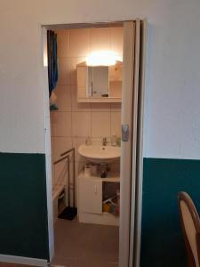 a small bathroom with a sink and a mirror at Ferienwohnung Belvie in Butzbach