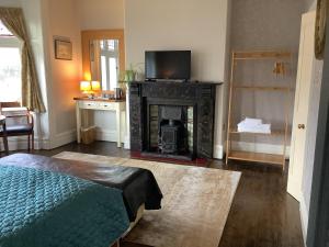 a bedroom with a fireplace with a bed and a television at The Views Bed and Breakfast in Llangollen