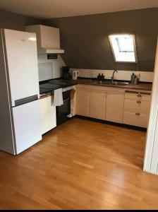 Lägenhet med balkong في موليه: مطبخ وثلاجة بيضاء وارضية خشبية