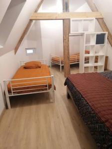 a attic bedroom with two beds and a book shelf at Gîte 1921 in Vendeuvre