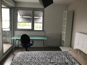 um quarto com uma cama, uma secretária e uma cadeira em appartement bayonne em Baiona