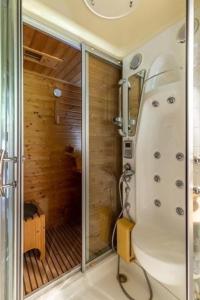 a bathroom with a shower with a glass door at Villa Rose Garden in Panormos Skopelos
