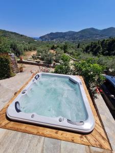 bañera de hidromasaje sobre una mesa en Villa Rose Garden en Panormos Skopelos