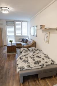 a bedroom with a bed and a living room at Sflower Apartman in Eger