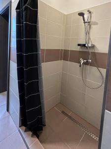 a shower with a black shower curtain in a bathroom at Sflower Apartman in Eger