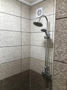 a shower with a shower head in a bathroom at Приватна садиба ~Smoky mountain~ in Polyana