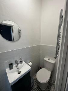 a bathroom with a toilet and a sink and a mirror at Stylish Town House - Modern double room - 5 in Parkside