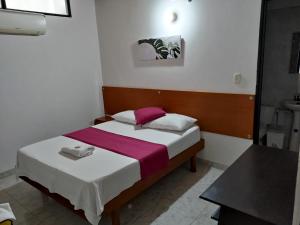 1 dormitorio con 1 cama y lavamanos. en Hotel Amazon, en Florencia