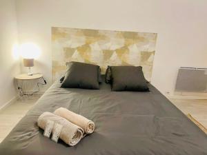 - un grand lit avec 2 serviettes dans une chambre dans l'établissement Superbe appartement 2 chambres, à Évry-les-Châteaux