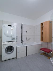 un bagno con lavatrice e lavatrice di Ferienwohnung Hochwald 1 a Losheim