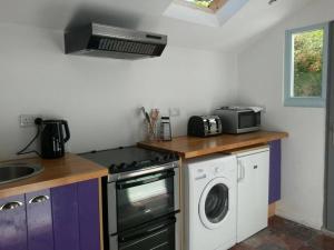 a kitchen with a stove and a washing machine at Cosy Beach-side Apartment in Cahersiveen