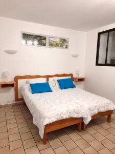 a bedroom with a large bed with blue pillows at Les Albizias 5 in Eugénie-les-Bains