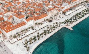 - une vue aérienne sur une plage bordée de palmiers et de bâtiments dans l'établissement Apartman Gaby in Center of Split, à Split