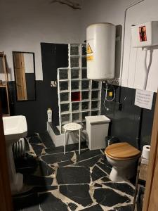 a bathroom with a black and white stone floor and a toilet at Casa Rural La Casa de Lolo in Minas del Castillo de las Guardas