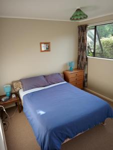 a bedroom with a blue bed and a window at Gateway to Abel Tasman Park & Kaiteriteri. 
