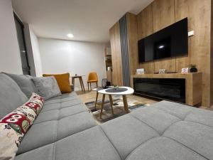 a living room with a couch and a flat screen tv at Sova studio apartment Bjelasnica in Bjelašnica +11 photos