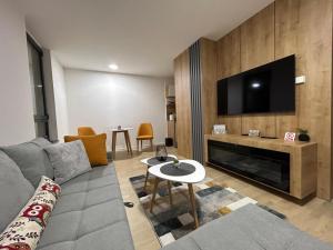 a living room with a couch and a flat screen tv at Sova studio apartment Bjelasnica in Bjelašnica
