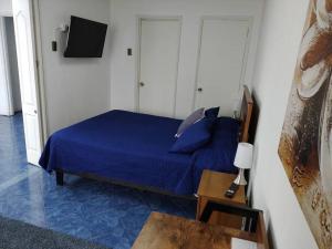 a bedroom with a blue bed and a television at Estado Apart 103 Full equipado hermoso in Santiago