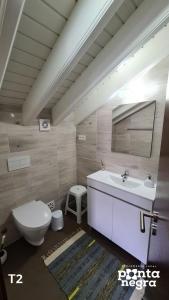 a bathroom with a tub and a toilet and a sink at Casa das Lajes in Caldeira