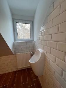 a bathroom with a urinal and a window at Erjavčeva mountain hut at Vršič pass in Kranjska Gora