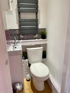 a bathroom with a white toilet and a sink at Boscote in Stratford-upon-Avon