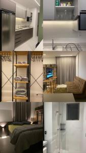 een collage van foto's van een keuken en een woonkamer bij Loft em prédio com piscina próximo da Oktoberfest Blumenau in Blumenau