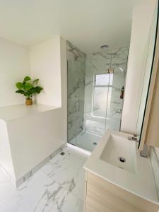 a white bathroom with a sink and a shower at Home sweet home Christchurch Centre in Christchurch