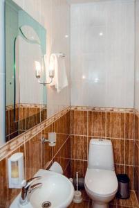 a bathroom with a toilet and a sink at Hotel Vivat Provincia in Takhtaulove