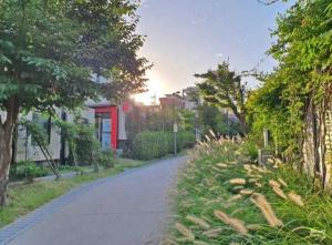 a road in a park with a red phone booth at AREX Hongik univ Unit 201 in Seoul