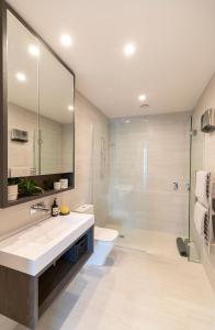 Un baño con lavabo, inodoro y espejo. en The Rata Villa, en Queenstown