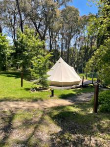 a tent in the middle of a field with trees at Garden Beds Glamping in Blackwood
