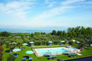 an overhead view of a swimming pool with chairs and umbrellas at Agriturismo Il Giardino Degli Ulivi in Lazise