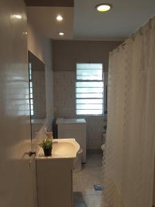 y baño con lavabo y ducha. en Casa Mariclaire en Bahía Blanca