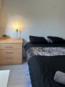 1 dormitorio con 1 cama y vestidor con lámpara en Cozy 4 Bed Flat in Islington London, en Londres