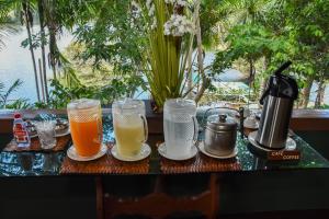 a table with two glasses of drinks on it at Evolução Ecolodge in Iranduba