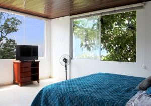 1 dormitorio con 1 cama, TV y ventana en Finca Hotel Villa Gladys en Mesitas del Colegio, en El Colegio